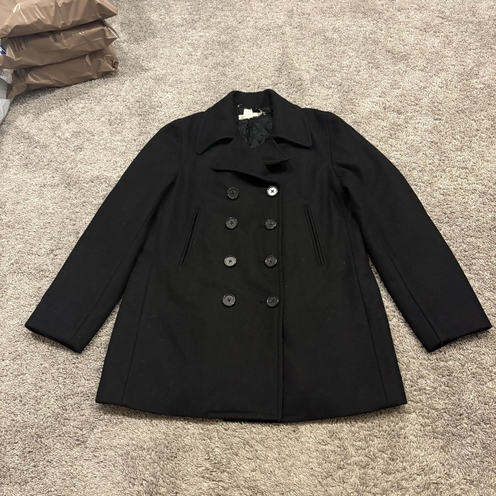 J Crew Pea Coat L Black Wool Blend Double Breasted Jacket Classic Naval Preppy